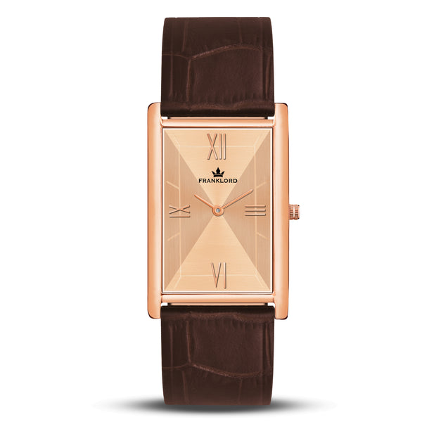 Franklord Champagne Gold Rectangular Watch – Rose Gold Dial with Maroon Leather Strap