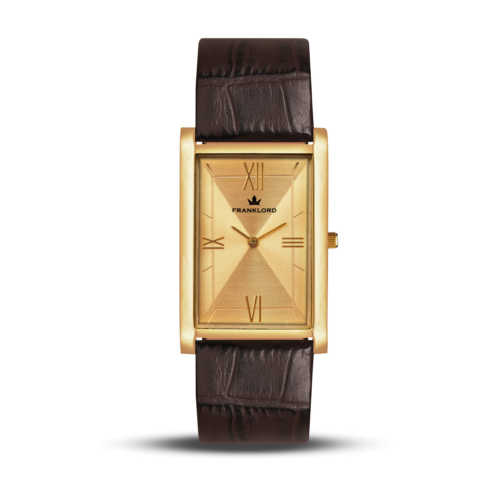 Franklord The Indian Tank – Royal Tan Heritage | Slim Brown Leather Strap Gold Rectangular Watch for Men