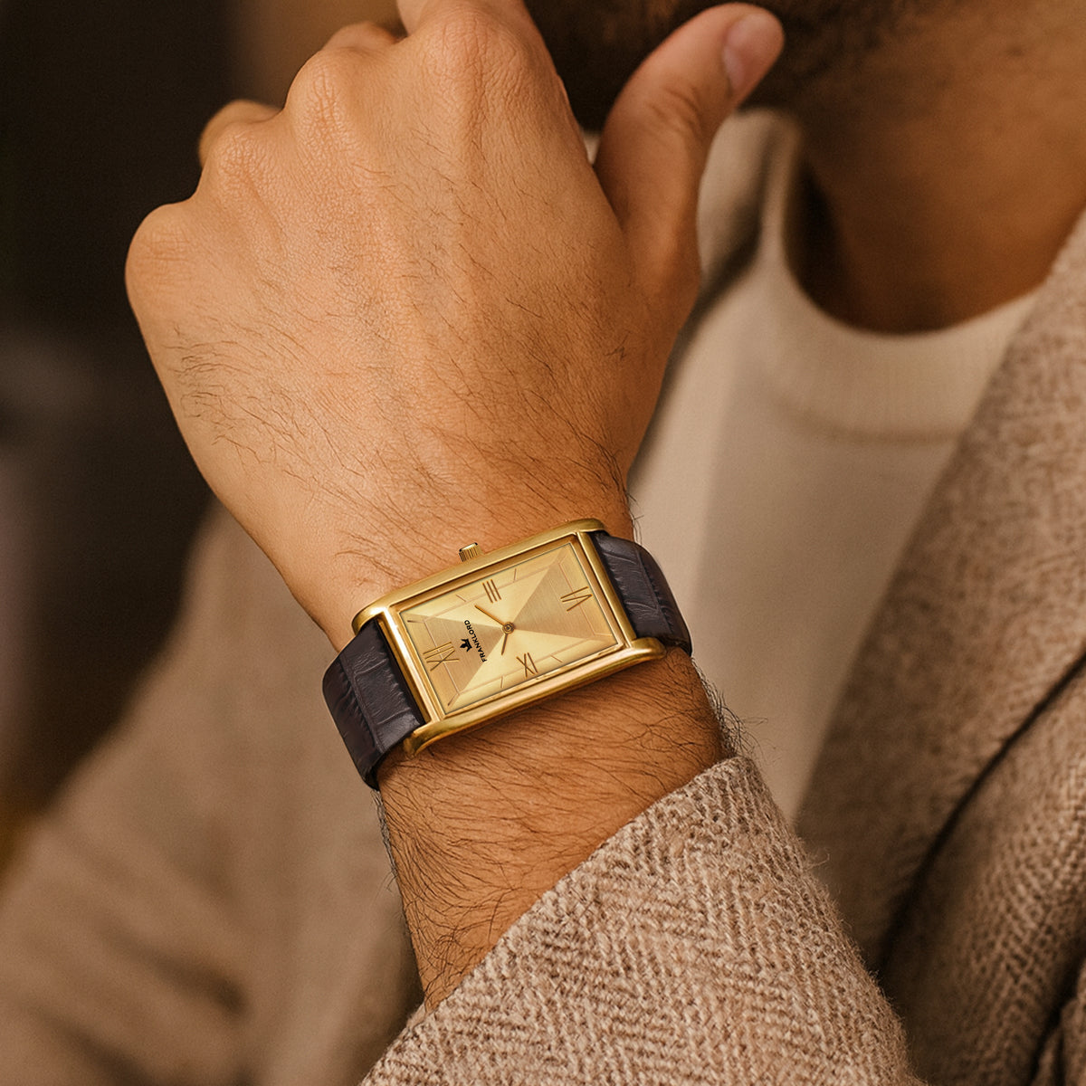 Franklord The Indian Tank – Royal Tan Heritage | Slim Brown Leather Strap Gold Rectangular Watch for Men