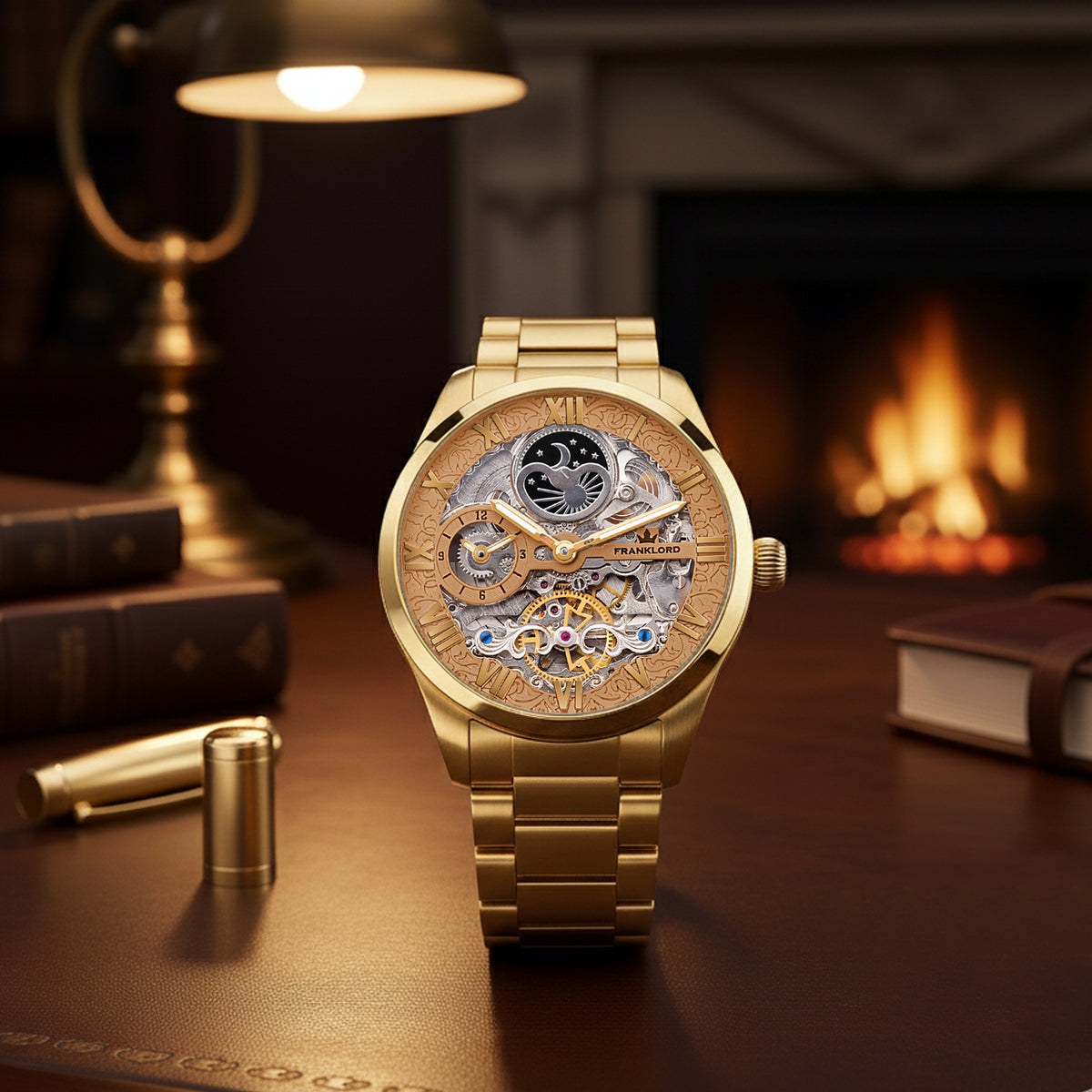 Franklord Navigator Imperial - Gold Dual Time Automatic Skeleton Watch For Men