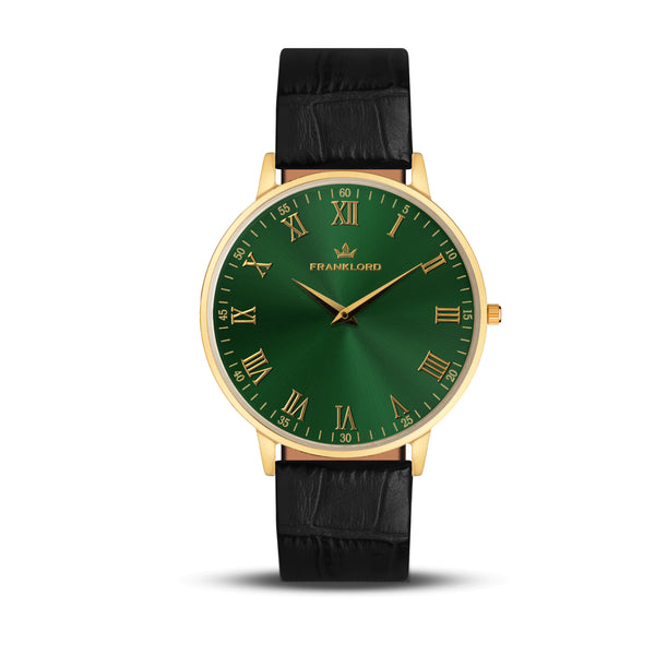 Franklord Classique Emerald - Leather Strap | Slim Green Dial Gold Watch for Men