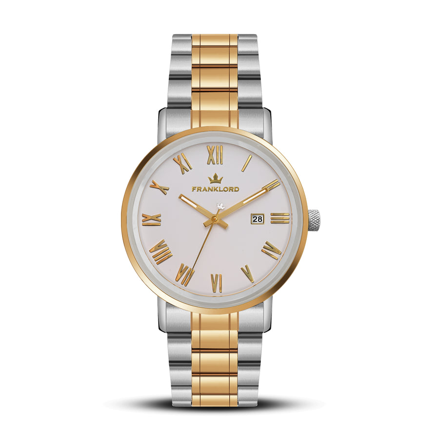 Franklord Mens Maha Vastu Watch - Pearl White in Gold Two Tone
