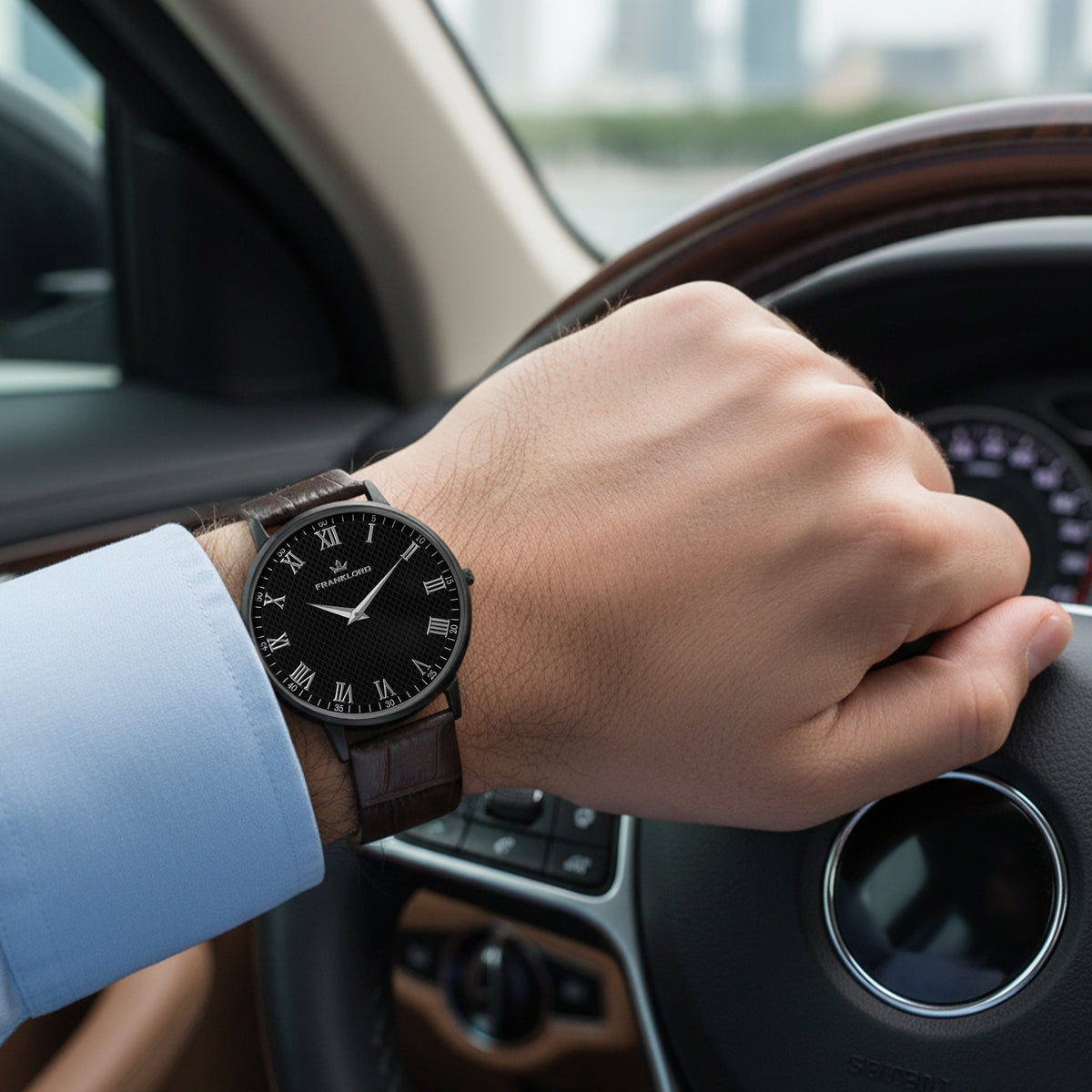 Franklord Classique Eclipse - Brown Leather | All Black Men's Slim Watch
