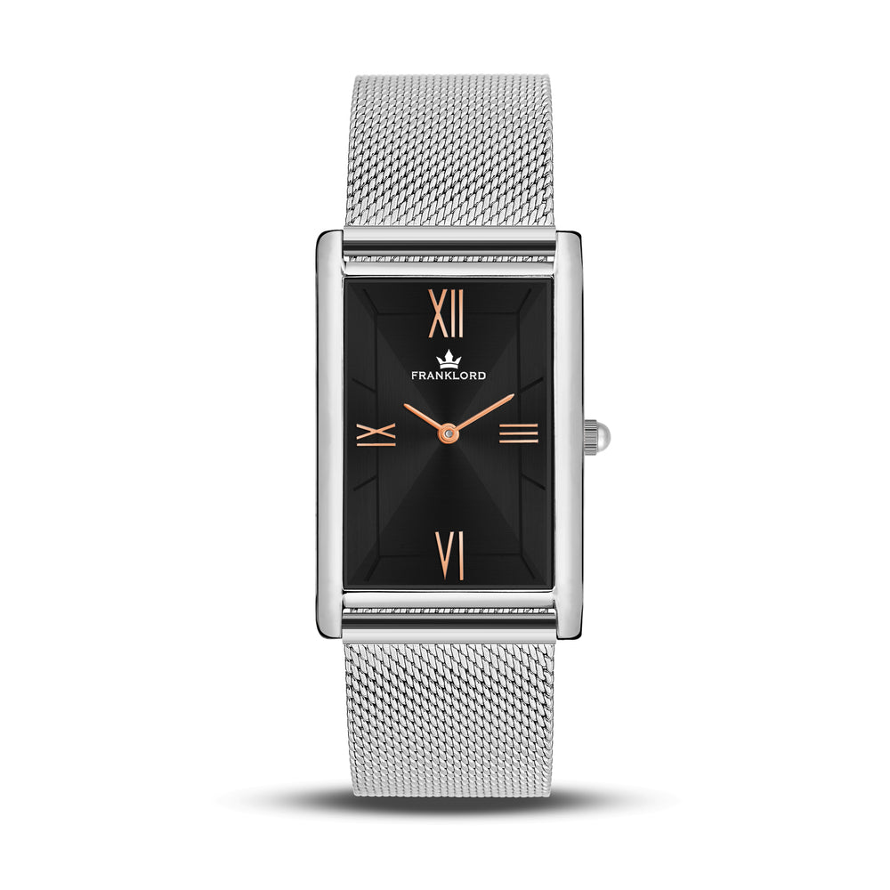 Franklord The Indian Tank - Carbon Luxe | Black Dial Silver Rectangular Slim Watch for Men