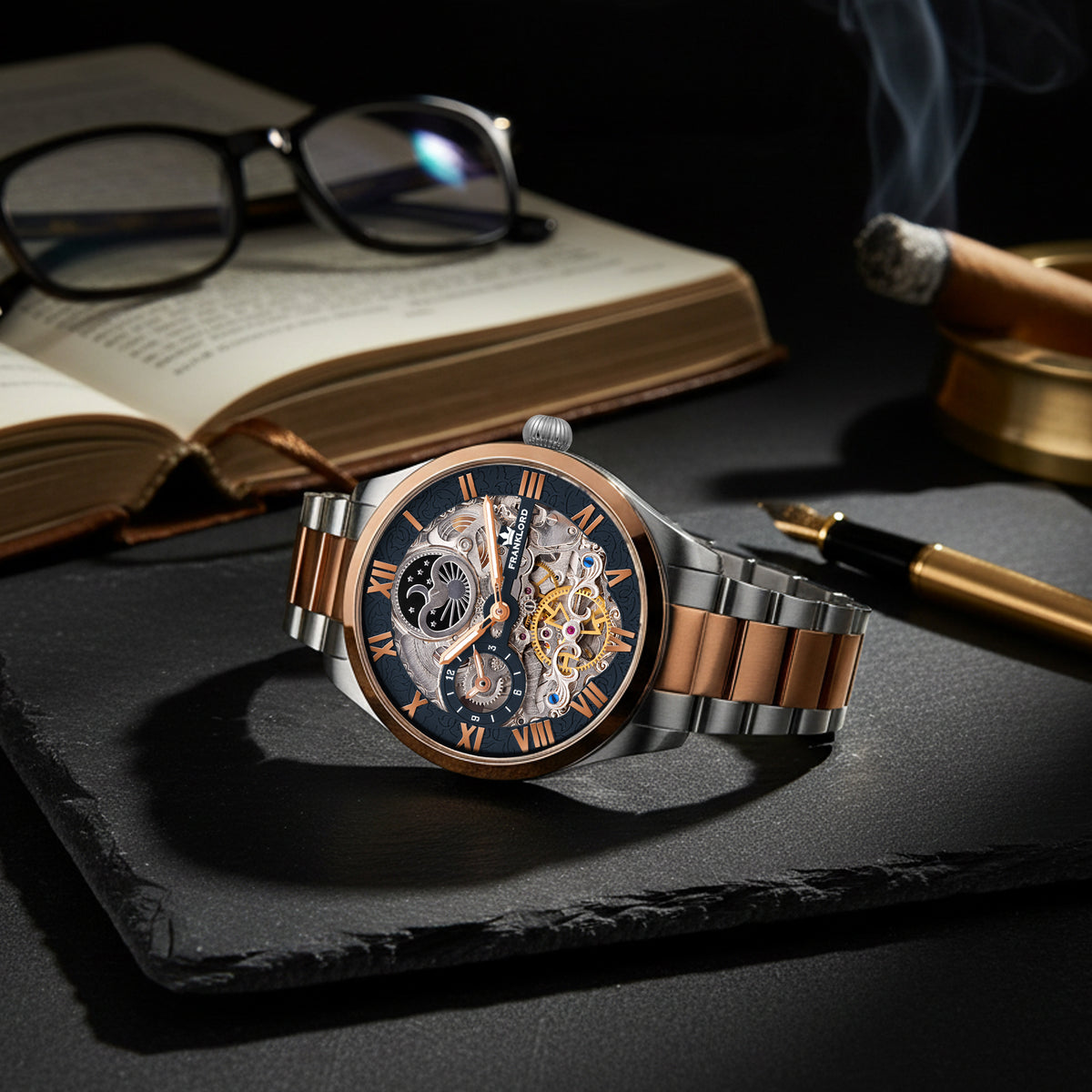 Franklord Navigator Eclipse - Two-Tone Dual Time Automatic Skeleton Watch For Men