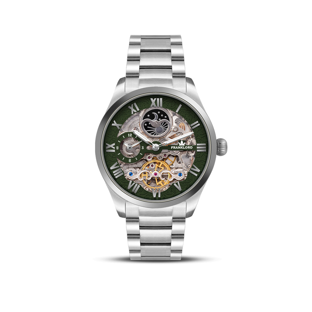Franklord Navigator Emerald - Steel Dual Time Automatic Skeleton Watch For Men
