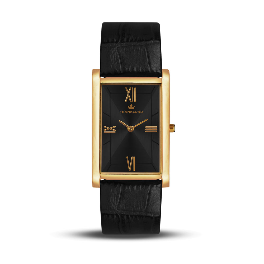 Franklord The Indian Tank – Royal Black Heritage | Slim Black Leather Strap Gold Rectangular Watch for Men