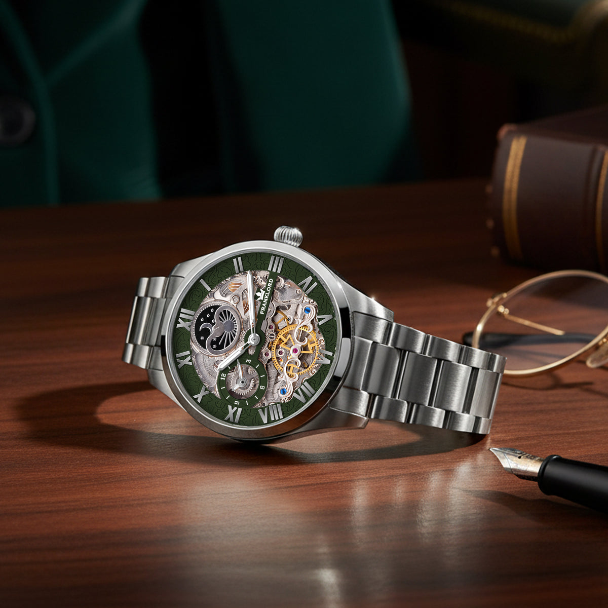 Franklord Navigator Emerald - Steel Dual Time Automatic Skeleton Watch For Men