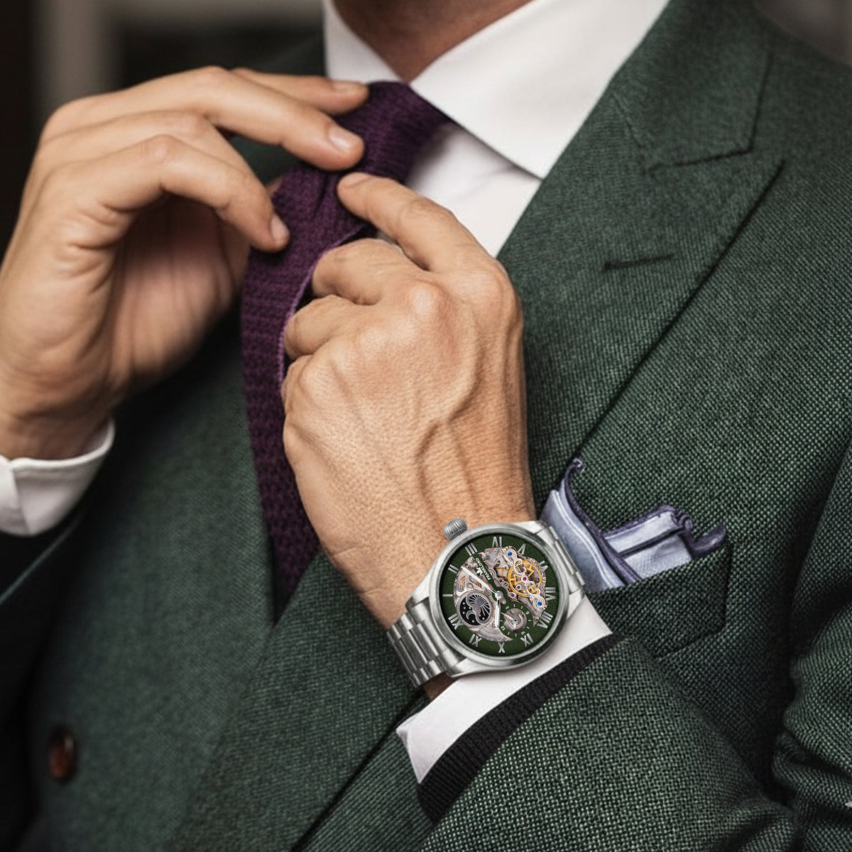 Franklord Navigator Emerald - Steel Dual Time Automatic Skeleton Watch For Men
