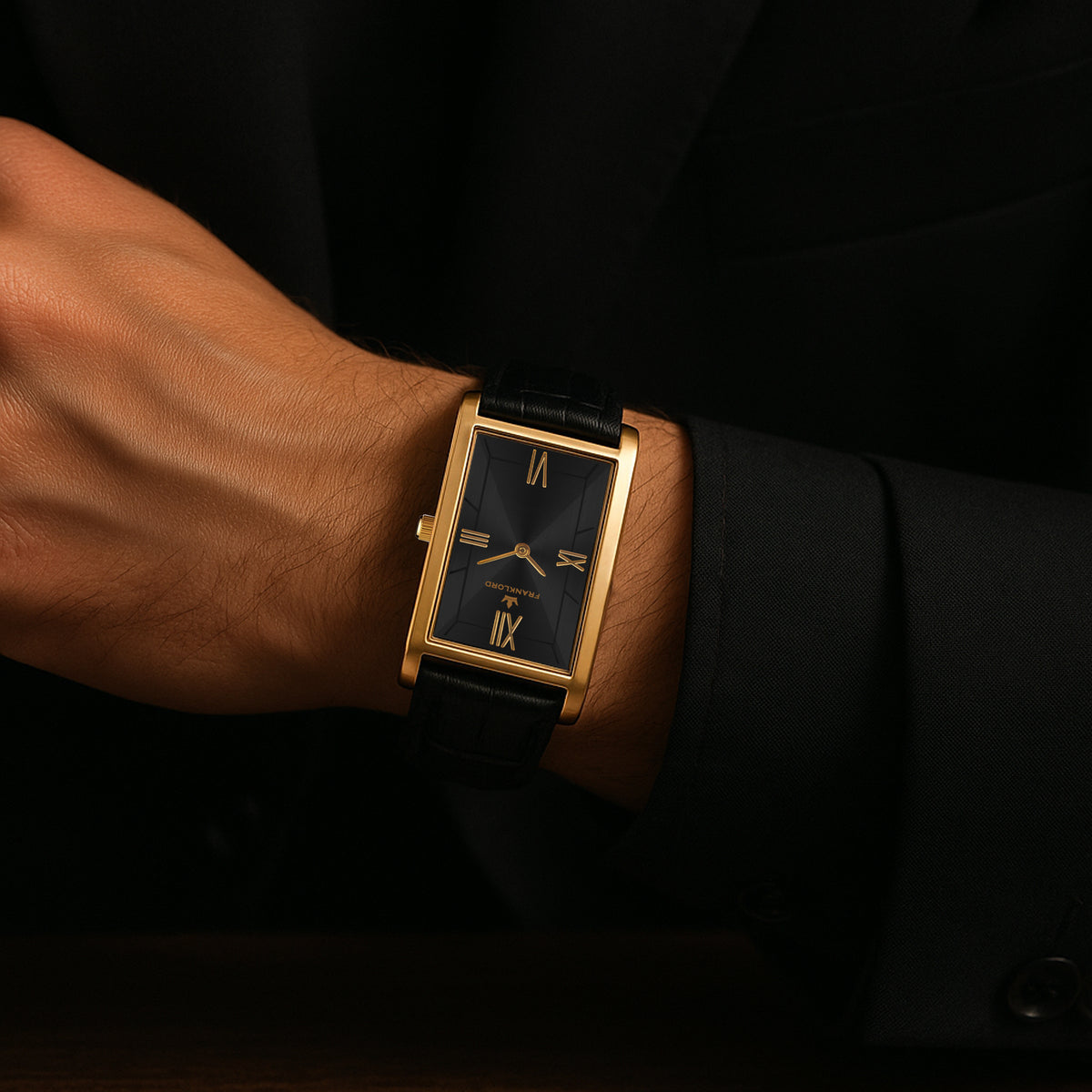 Franklord The Indian Tank – Royal Black Heritage | Slim Black Leather Strap Gold Rectangular Watch for Men
