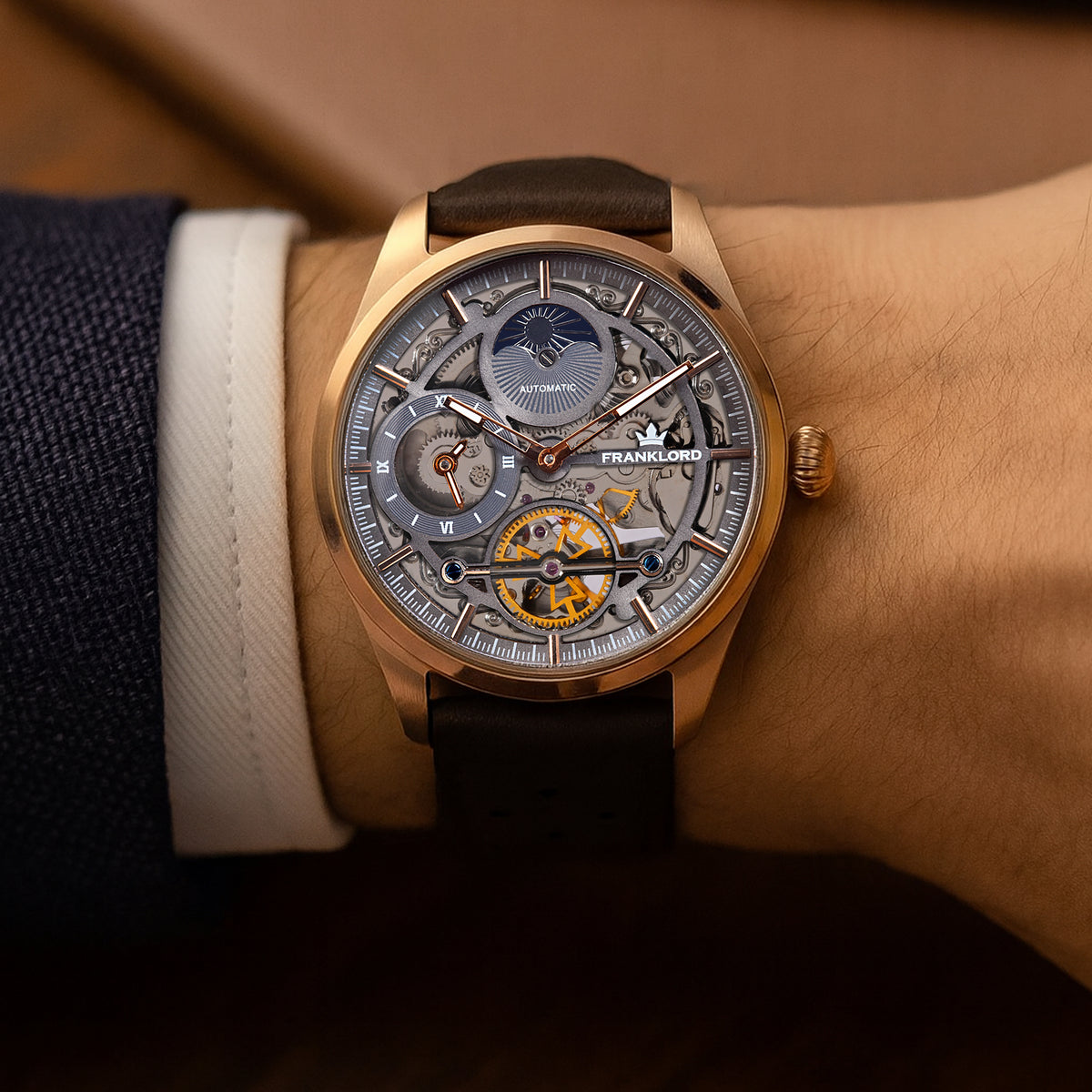Franklord Navigator Dusk - Dual Time Automatic Skeleton Watch For Men