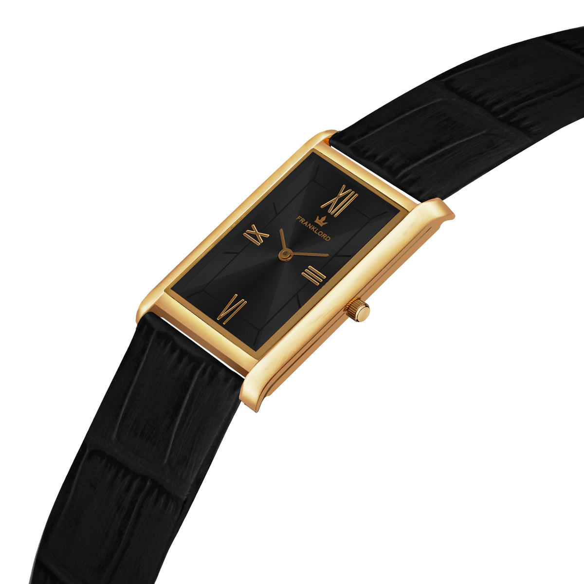 Franklord The Indian Tank – Royal Black Heritage | Slim Black Leather Strap Gold Rectangular Watch for Men