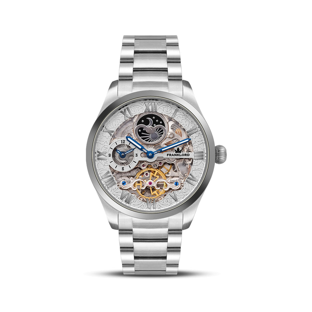 Franklord Navigator Sterling - Steel Dual Time Automatic Skeleton Watch For Men