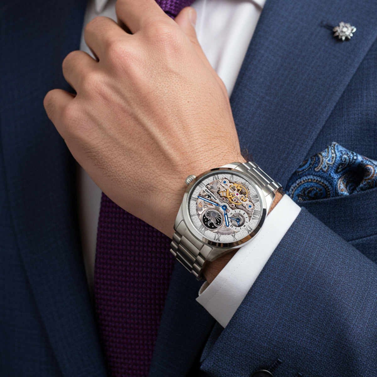 Franklord Navigator Sterling - Steel Dual Time Automatic Skeleton Watch For Men