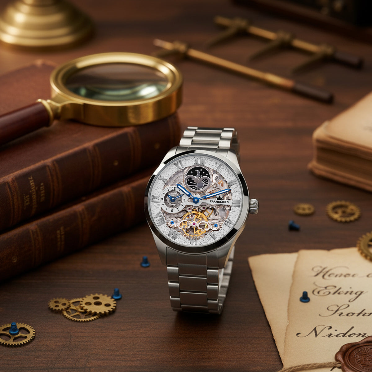 Franklord Navigator Sterling - Steel Dual Time Automatic Skeleton Watch For Men