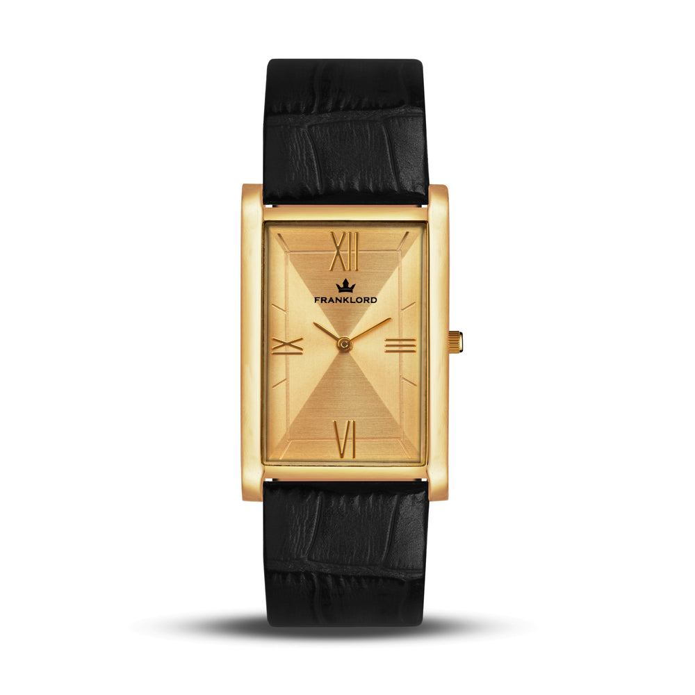 Franklord The Indian Tank – Royal Gold Heritage | Slim Black Leather Strap Gold Rectangular Watch for Men