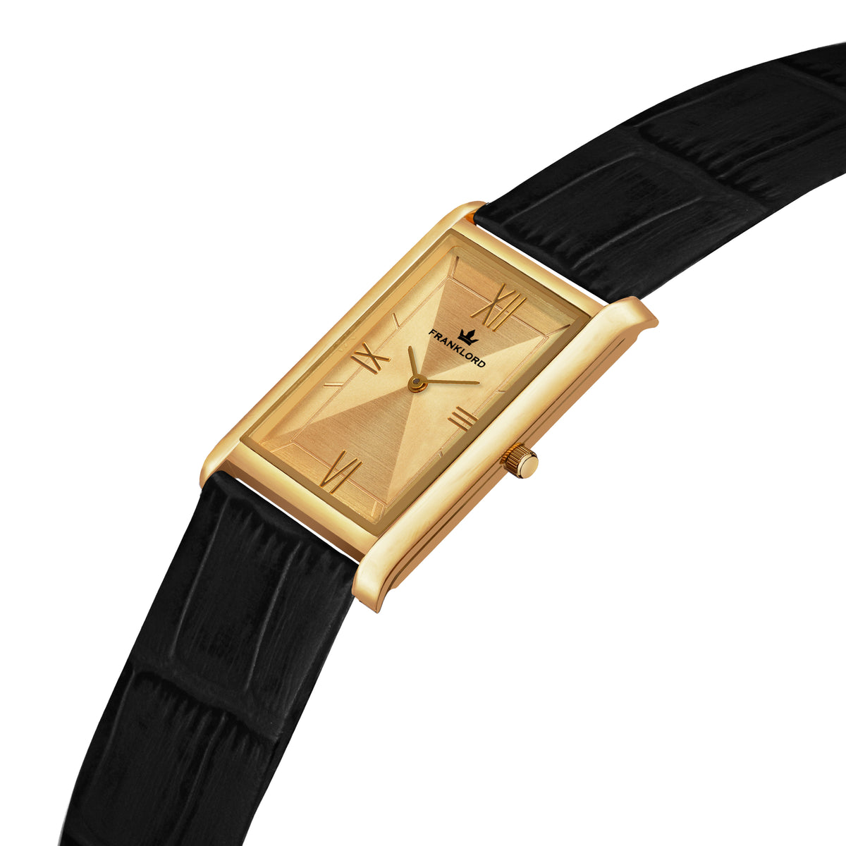 Franklord The Indian Tank – Royal Gold Heritage | Slim Black Leather Strap Gold Rectangular Watch for Men