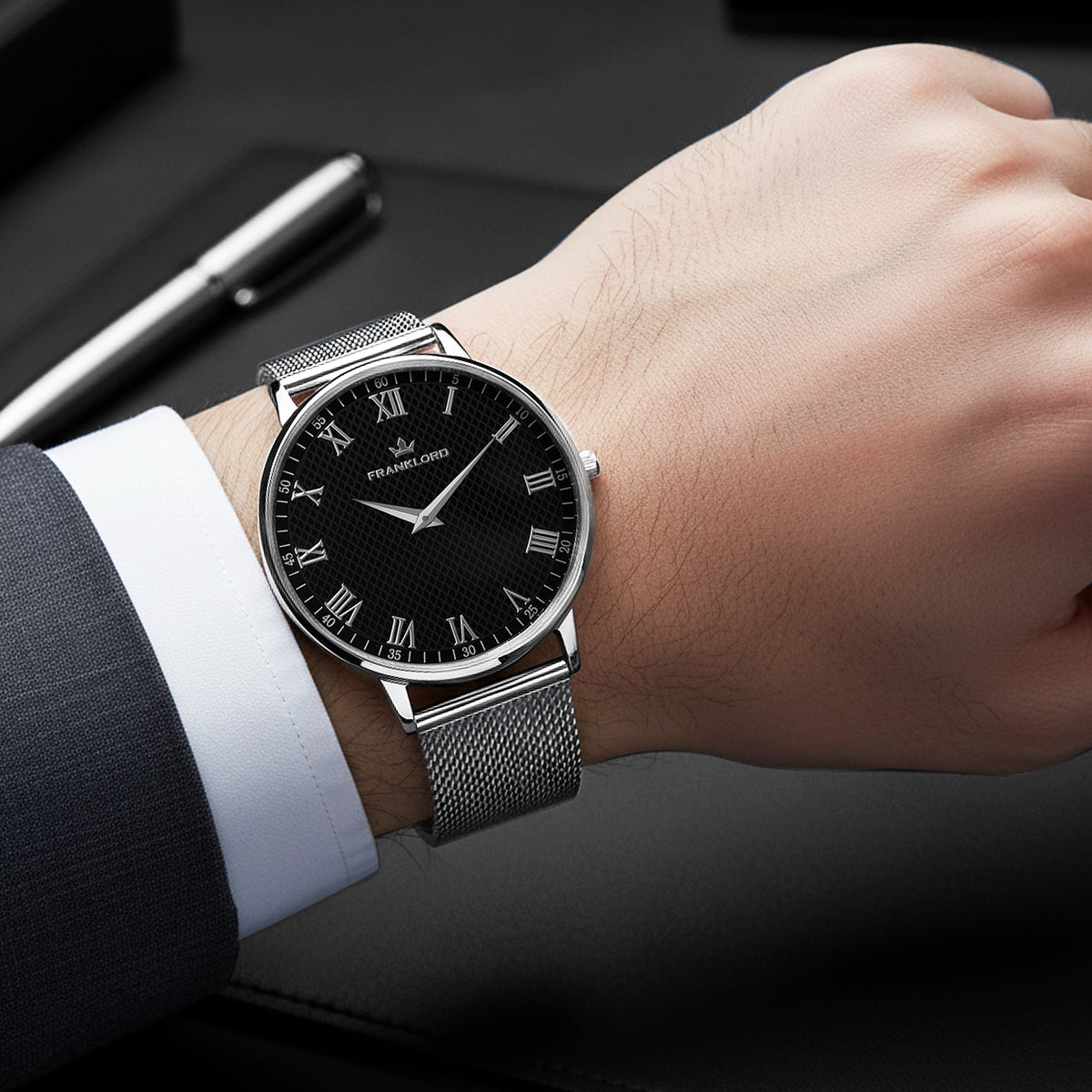 Franklord Classique Onyx - Milanese Bracelet | Slim Black Dial Watch for Men