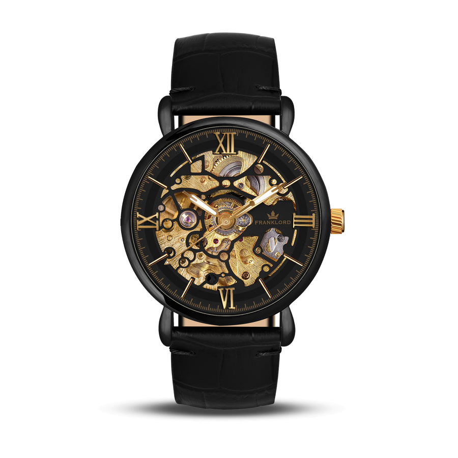 Franklord Mechanis – Noir Obsidian | Black Skeleton Automatic Watch with Leather Strap