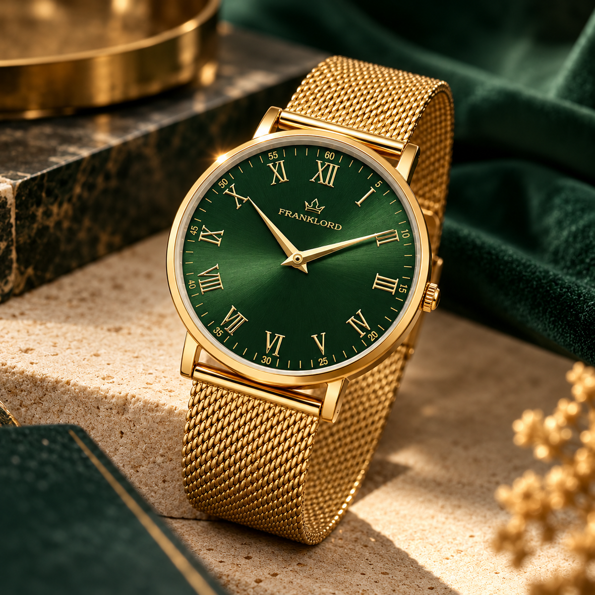 Franklord Classique Emerald - Milanese Bracelet | Slim Green Dial Gold Watch for Men