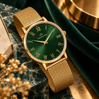 Franklord Classique Emerald - Milanese Bracelet | Slim Green Dial Gold Watch for Men