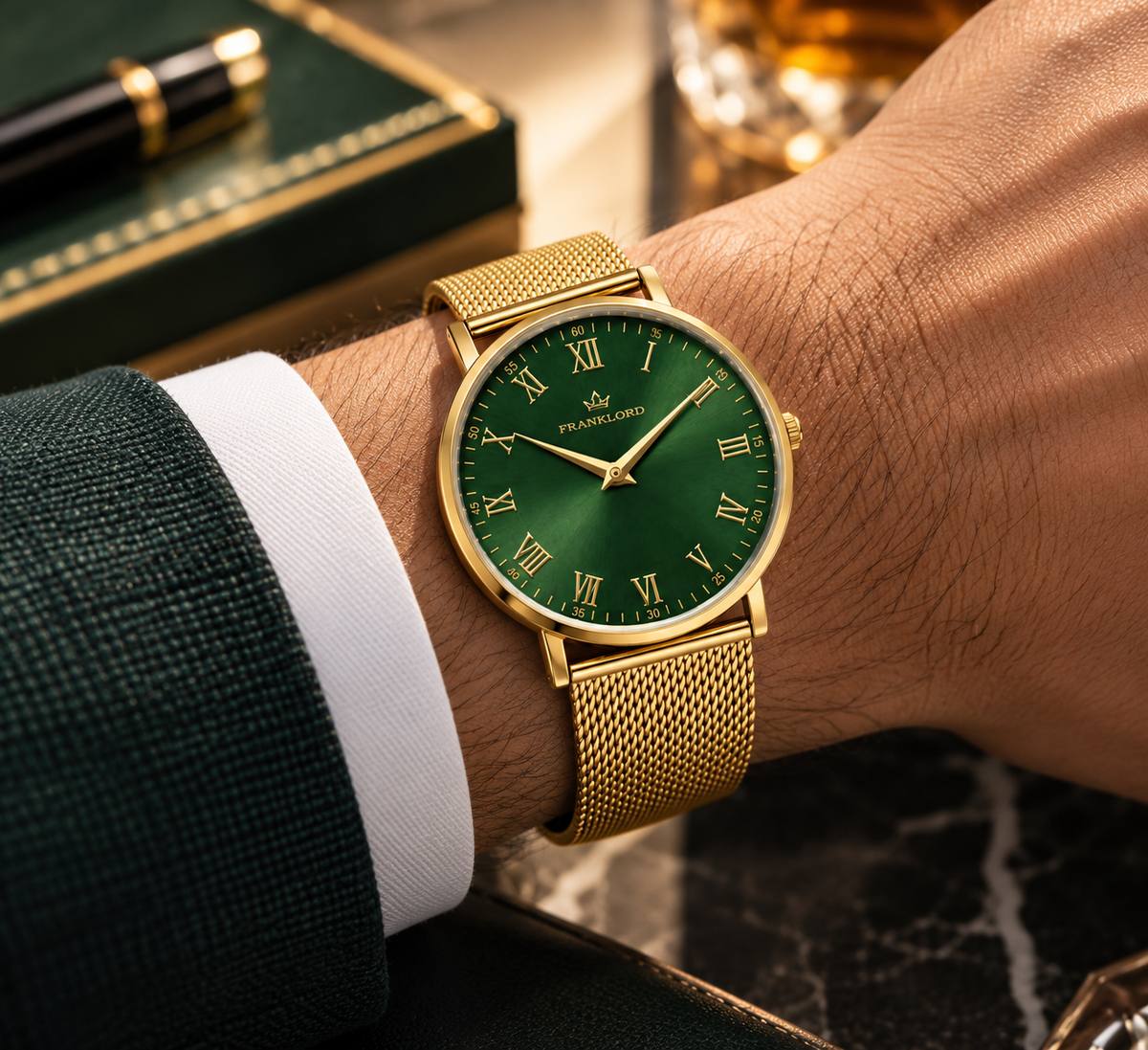 Franklord Classique Emerald - Milanese Bracelet | Slim Green Dial Gold Watch for Men