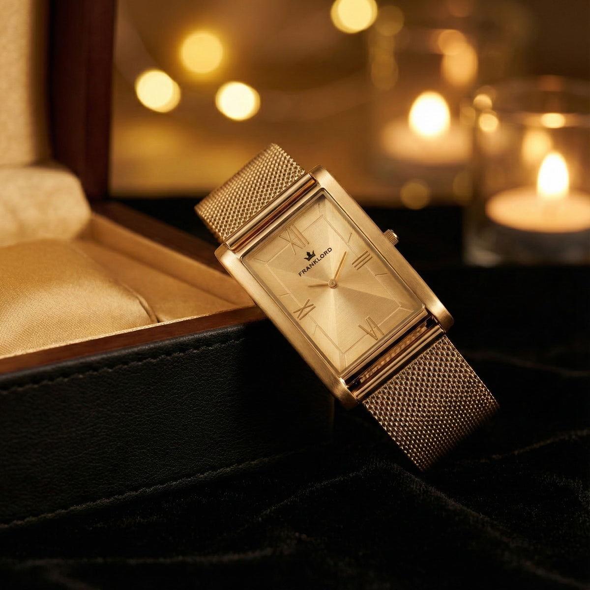 Franklord The Indian Tank – Gold Luxe | Gold Rectangular Slim Watch for Men