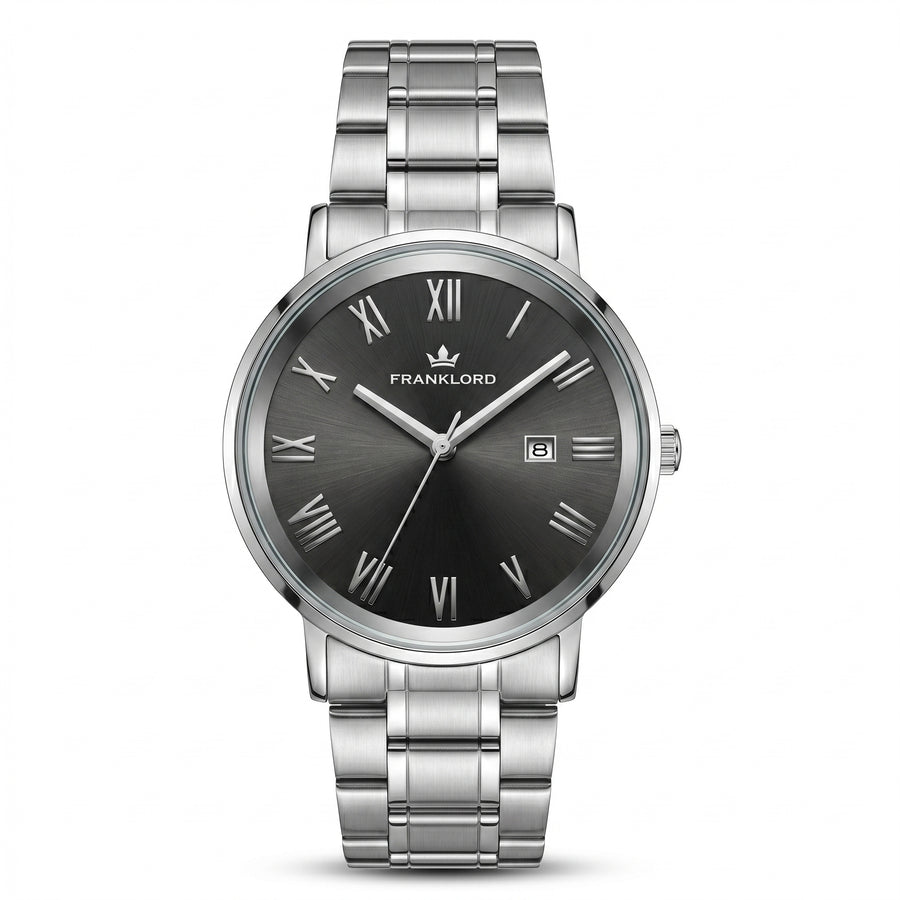 Franklord Prestige Onyx Steel Men's Watch – Black Sunburst Dial & Stainless Steel Bracelet