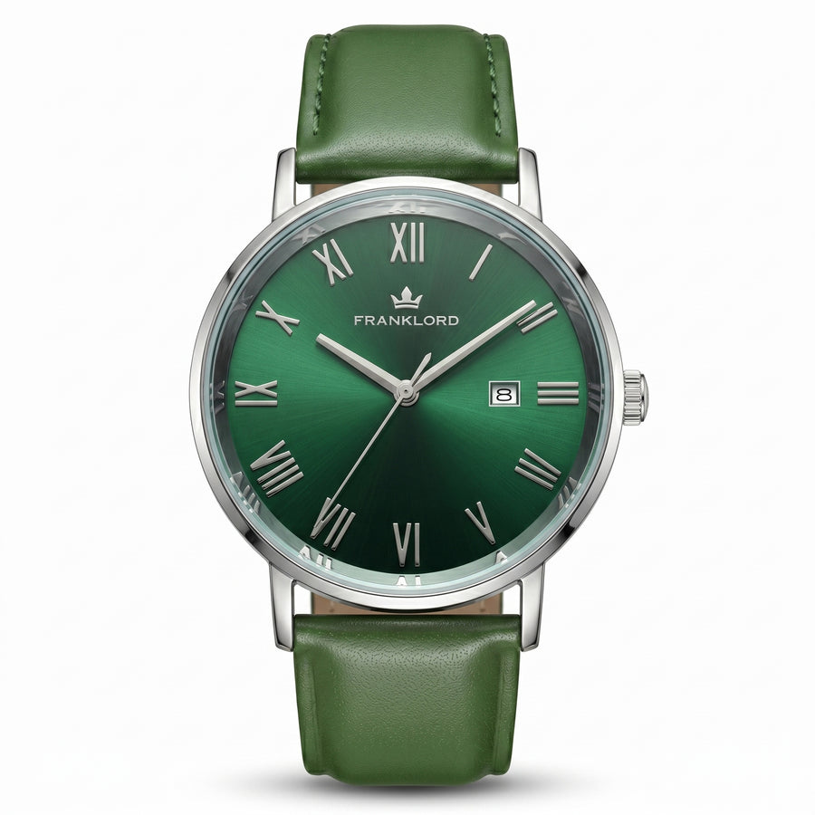 Franklord Prestige Emerald Leather Men's Watch – Green Sunburst Dial & Green Leather Strap