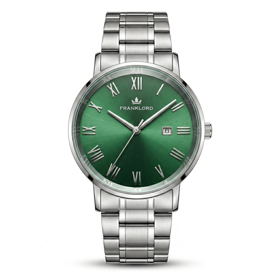 Franklord Prestige Emerald Steel Men's Watch – Green Sunburst Dial & Stainless Steel Bracelet