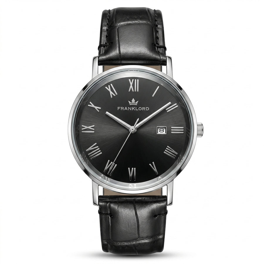 Franklord Prestige Onyx Leather Men's Watch – Black Sunburst Dial & Black Leather Strap
