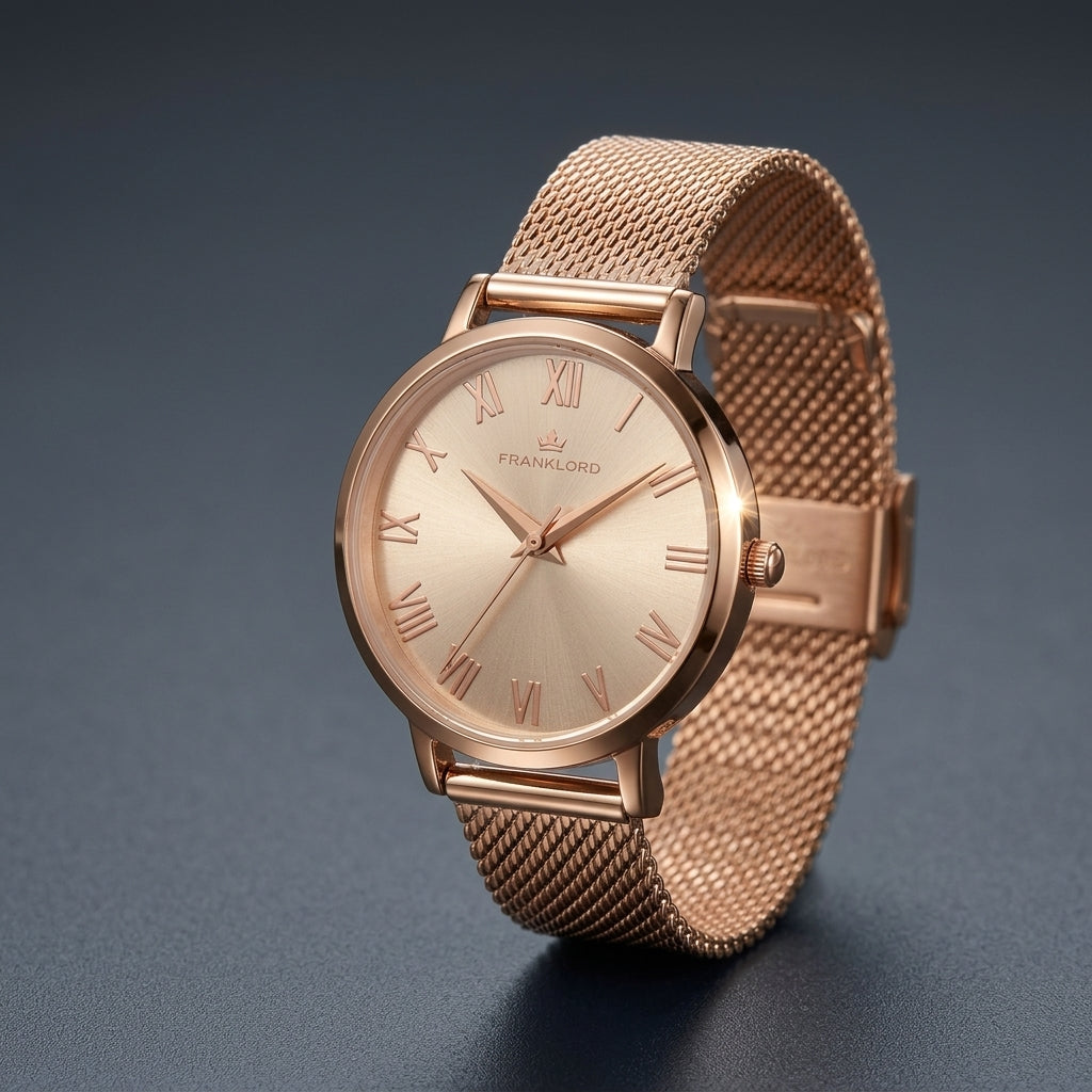 Franklord Classique Women's Ultra-Slim Watch – 32mm Rose Gold Stainless Steel Mesh