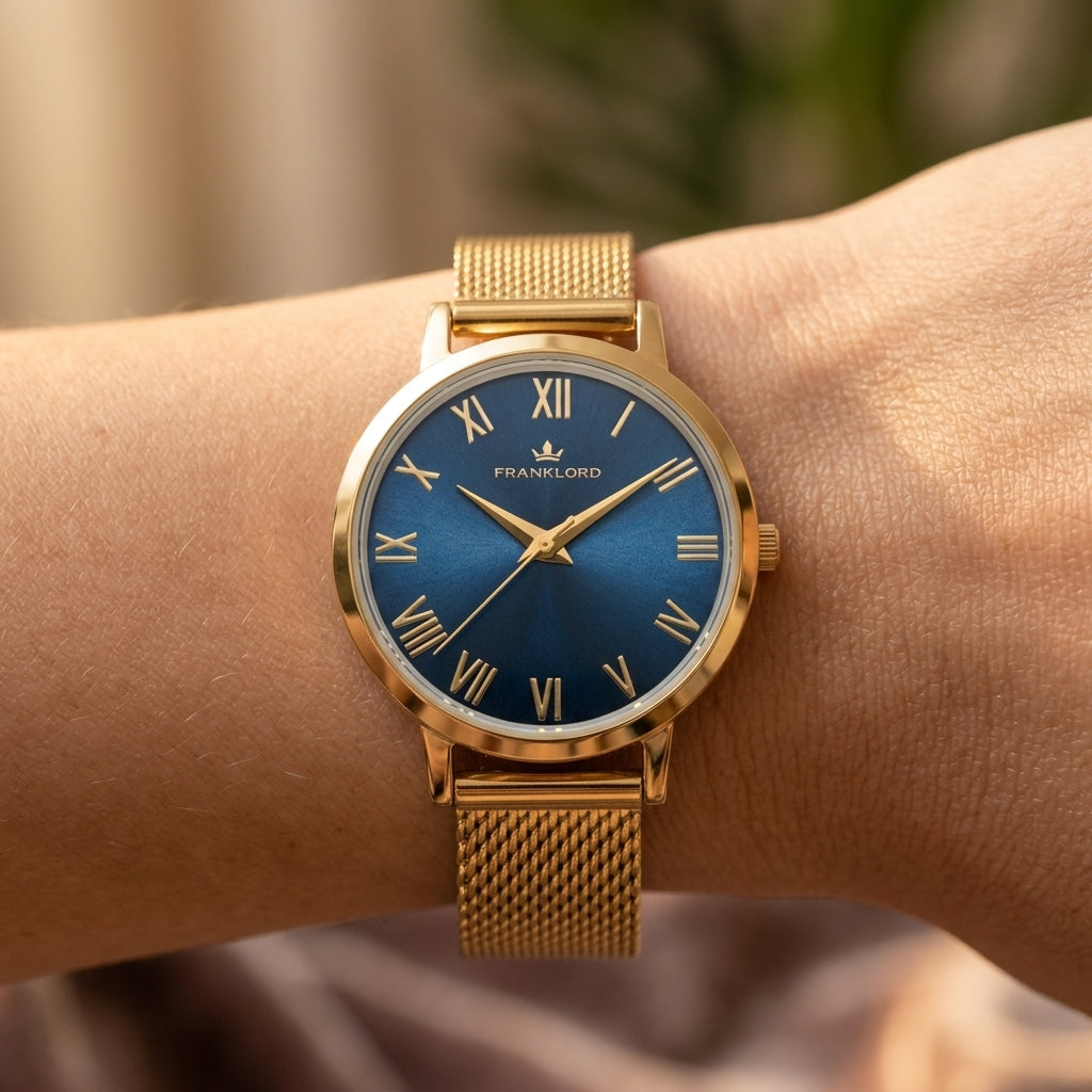 Franklord Classique Women's Ultra-Slim Watch – 32mm Gold Stainless Steel with Blue Roman Dial