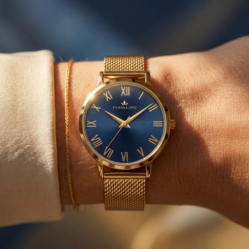 Franklord Classique Women's Ultra-Slim Watch – 32mm Gold Stainless Steel with Blue Roman Dial