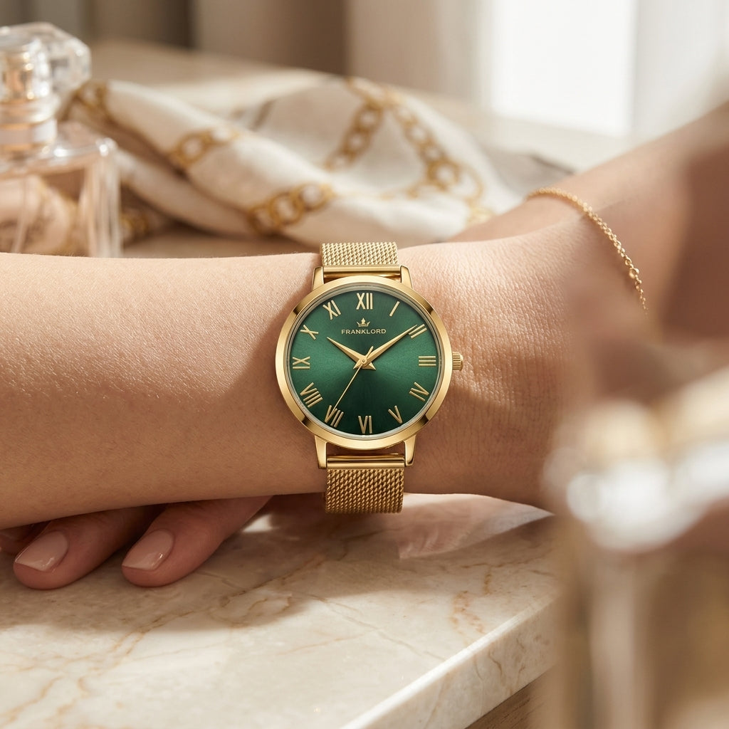 Franklord Classique Women's Ultra-Slim Watch – 32mm Gold Stainless Steel with Green Roman Dial