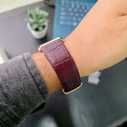 Back view of maroon croc-textured leather strap of Franklord Champagne Gold watch