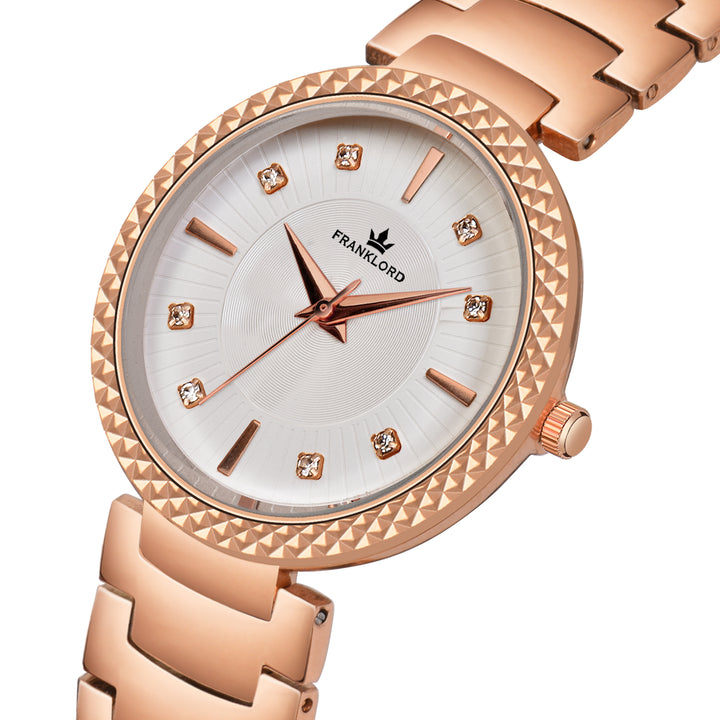 Angled close-up of Franklord Élysia Pearl White women’s watch showing textured dial, rose gold casing, and crystal markers