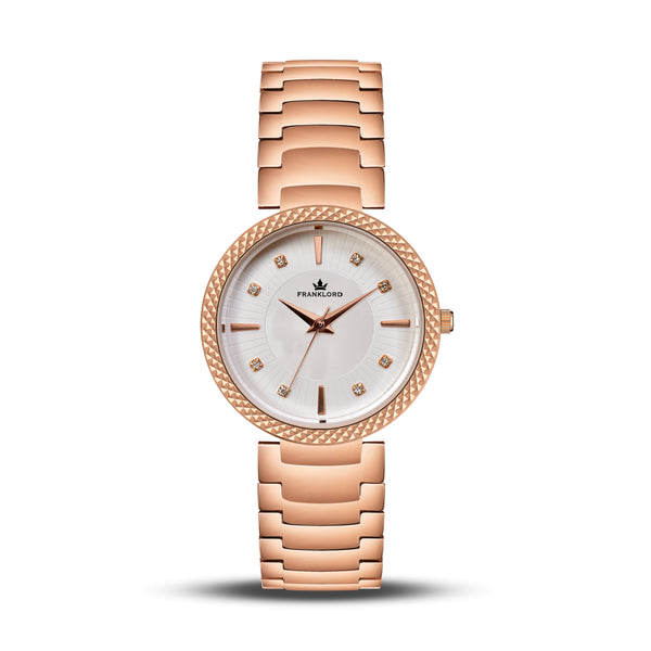 Franklord Élysia Pearl White women’s watch front view with rose gold bracelet and diamond-studded white dial