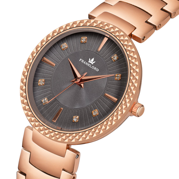 Close-up angled view of Franklord Élysia Smoke Grey watch featuring rose gold finish and diamond-studded hour markers