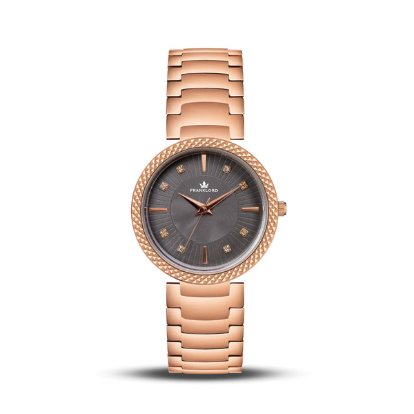 Franklord Élysia Smoke Grey women’s watch – front view showcasing the grey dial and rose gold strap