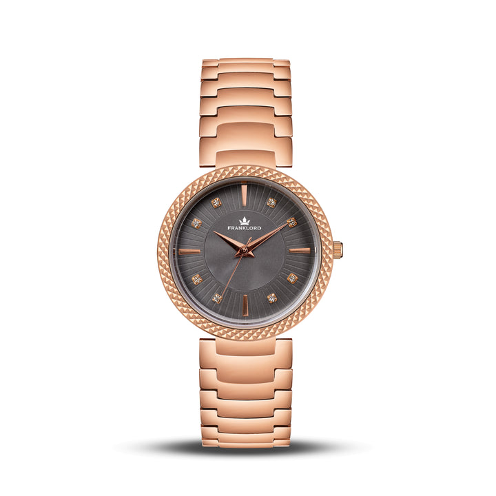 Franklord Élysia Smoke Grey women’s watch – front view showcasing the grey dial and rose gold strap
