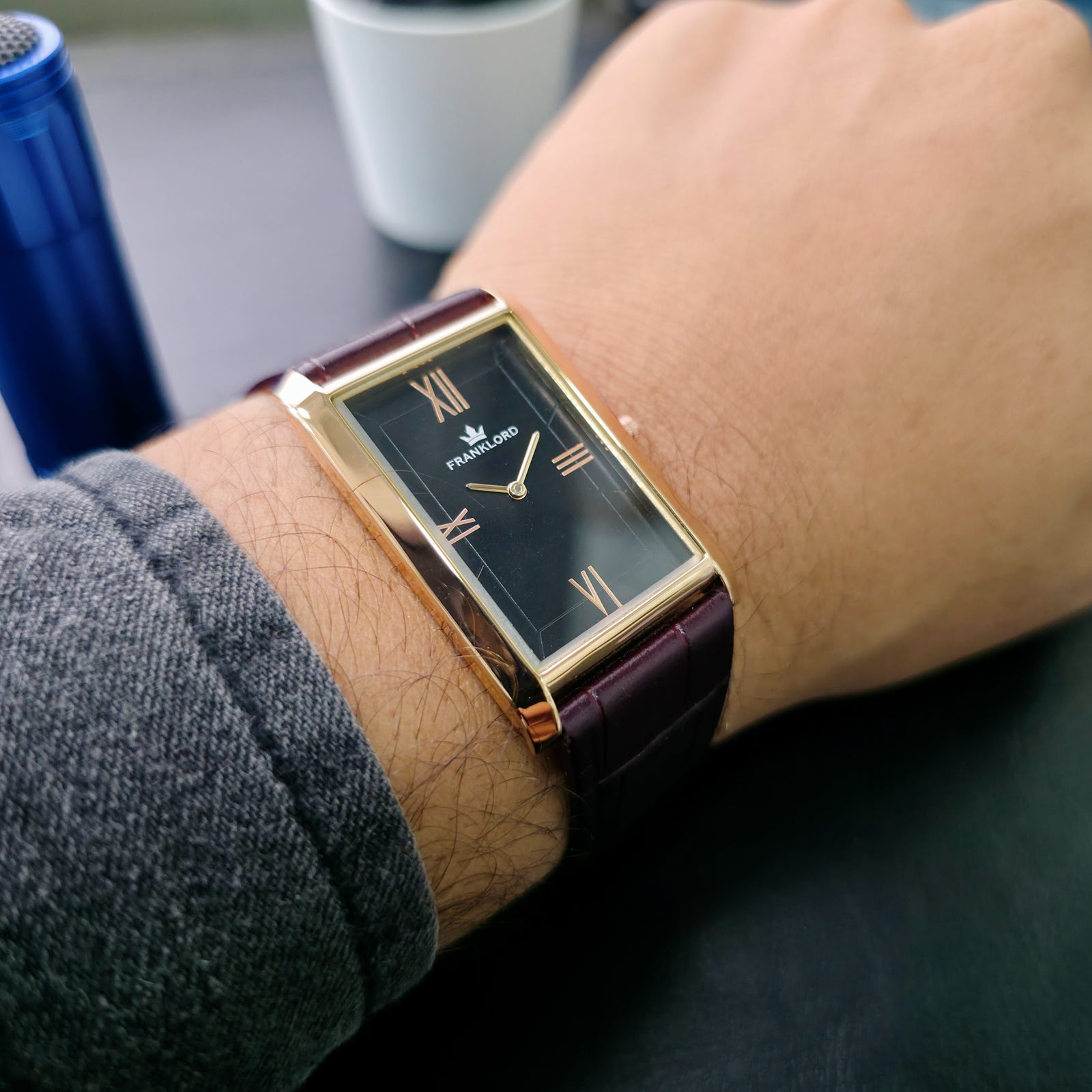 Front view of Franklord The Indian Tank Black Royale highlighting dial symmetry and classic Roman design