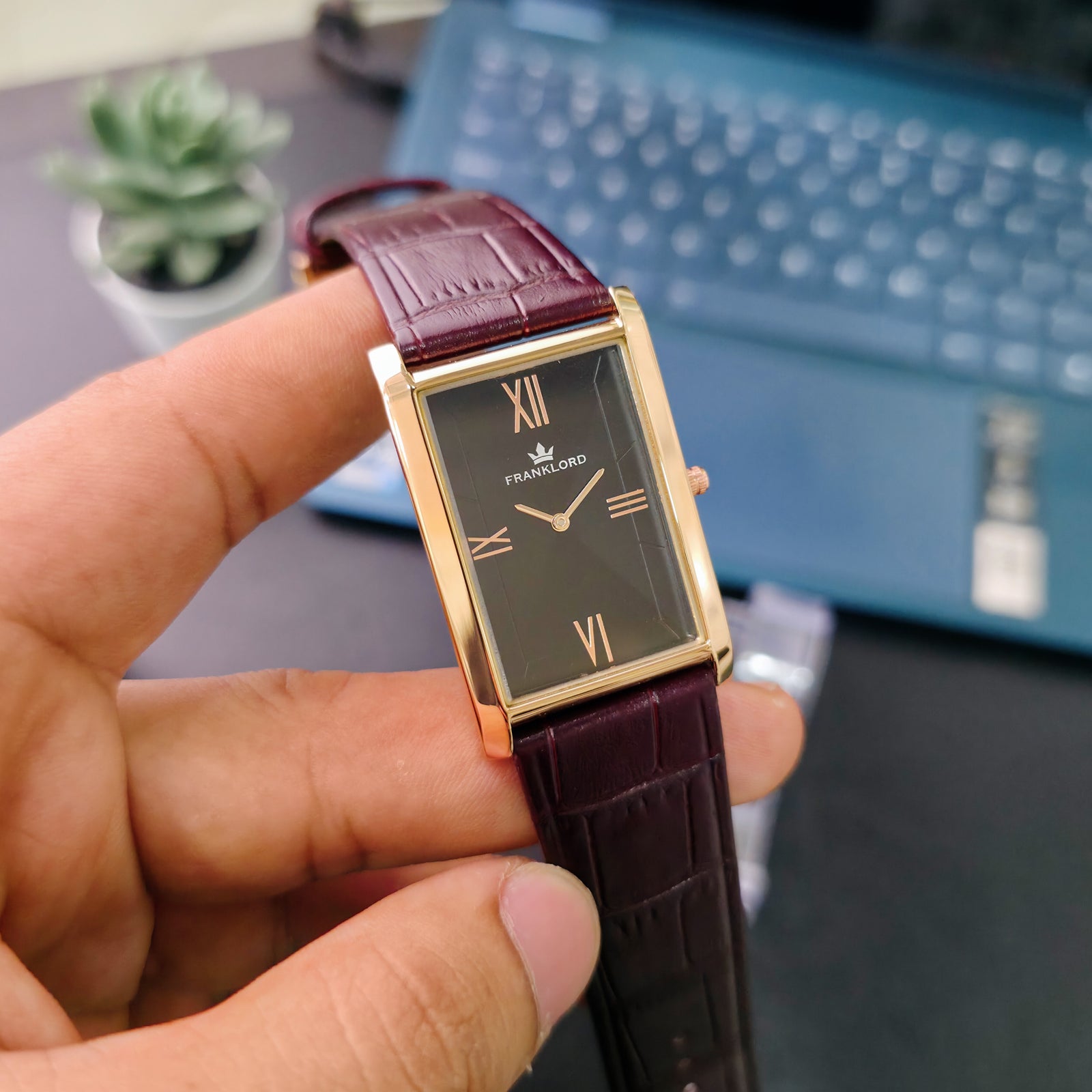 Franklord Black Royale rectangular dress watch front angle with Roman numerals and vintage leather strap