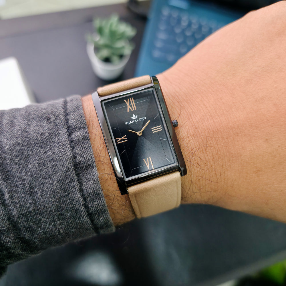 Franklord Dusky Royale Black Dial Rectangular Watch with Beige