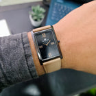 Straight top wrist shot of Franklord Dusky Royale showing clean rectangular dial and bold Roman markers