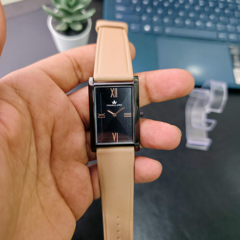 Franklord Dusky Royale Black Dial Rectangular Watch with Beige Strap –  Elegant Dress Watch for Men