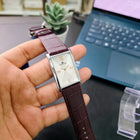 Franklord Ivory Crown white dial rectangular watch front angle with maroon leather strap