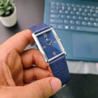 Close-up of Franklord Ocean Crest blue strap with branded butterfly clasp on wrist