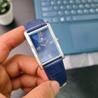 Franklord Ocean Crest watch on wrist highlighting deep ocean blue dial and polished rectangular case