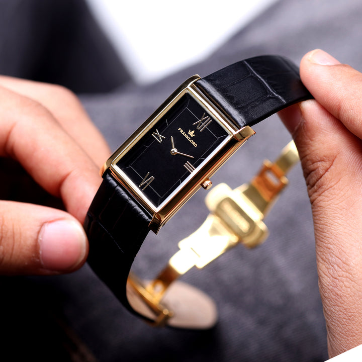 Luxurious black dial of Franklord Royal Black Heritage with gold accents and vintage Roman markers